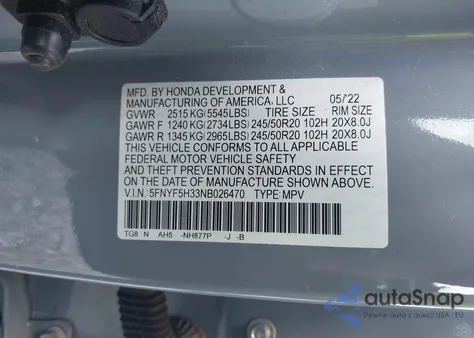 2022 Honda Pilot 2Wd Sport from USA, damaged, VIN 5FNYF5H33NB026470